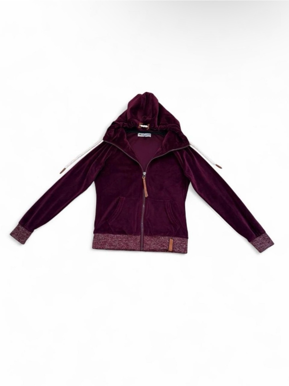 Velour Hooded Zip Bomber Jacket in Burgundy